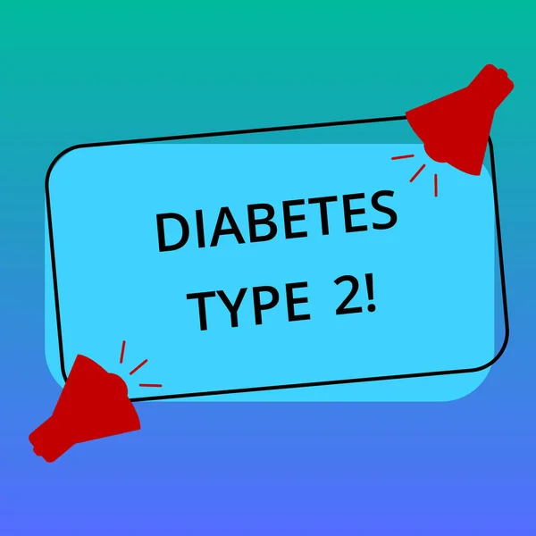 Escritura a mano de texto Diabetes Tipo 2. Concepto que significa condición que el cuerpo no utiliza la insulina correctamente Dos Megáfonos con Sonido icono en Color en Blanco Delineado Forma Rectangular . — Foto de Stock