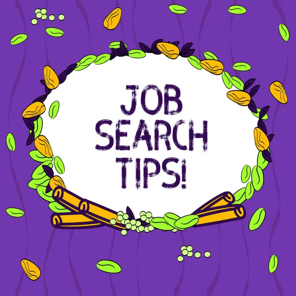 Conceptual hand writing showing Job Search Tips. Business photo showcasing Recommendations to make a good resume to obtain a position Wreath Made of Different Color Seeds Leaves and Cinnamon.