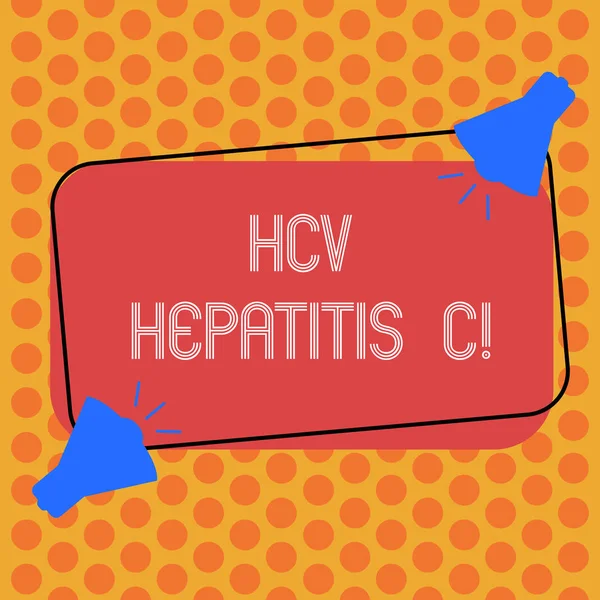 Schrijven van de notitie weergegeven: Hcv Hepatitis C. Business foto presentatie van leverziekte veroorzaakt door een virus ernstige chronische ziekte twee megafoon met geluidspictogram op kleur geschetst rechthoekige vorm. — Stockfoto