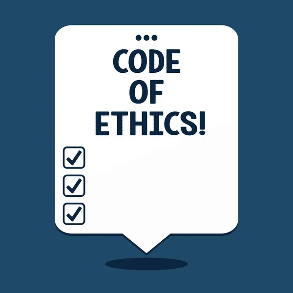 Signo de texto que muestra Código de Ética. Foto conceptual Reglas morales Integridad ética Honestidad Buen procedimiento . — Foto de Stock