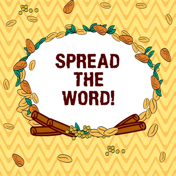 Writing note showing Spread The Word. Business photo showcasing Communicate the news to everybody Make something popular Wreath Made of Different Color Seeds Leaves and Rolled Cinnamon photo. — Stock Photo, Image