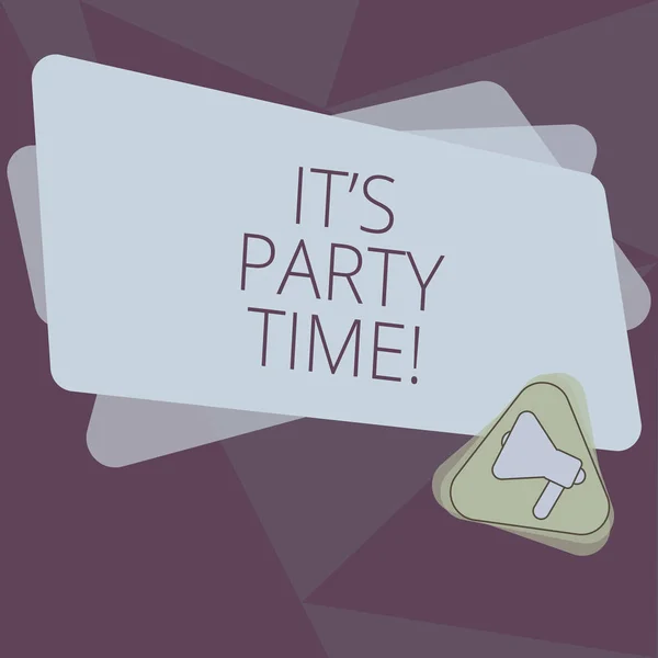 Writing note showing It S Party Time. Business photo showcasing Right moment to celebrate have fun do to a disco to dance Megaphone Inside Triangle and Blank Color Rectangle for Announcement. — Stock Photo, Image