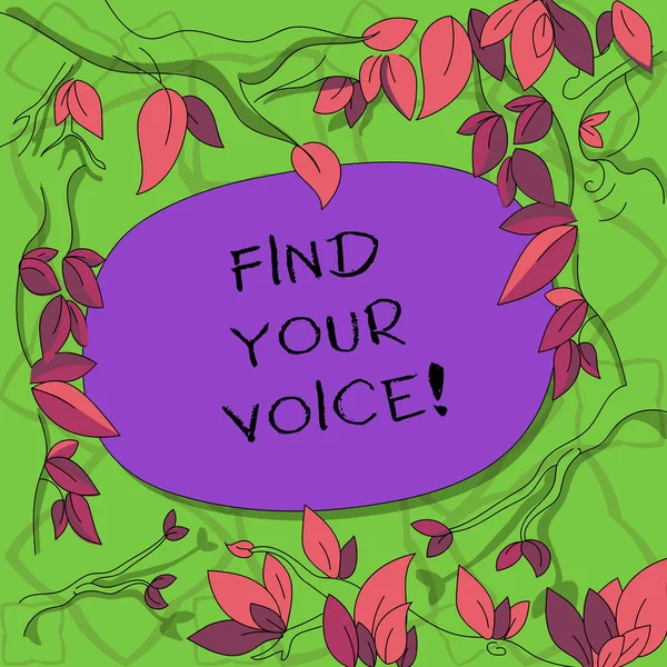 Текстовый знак "Найди свой голос". Концептуальная фотография Возможность выразить себя как писателя, говорящего на ветвях деревьев, разбросанных листьями, окружающих пустое цветовое пространство . — стоковое фото