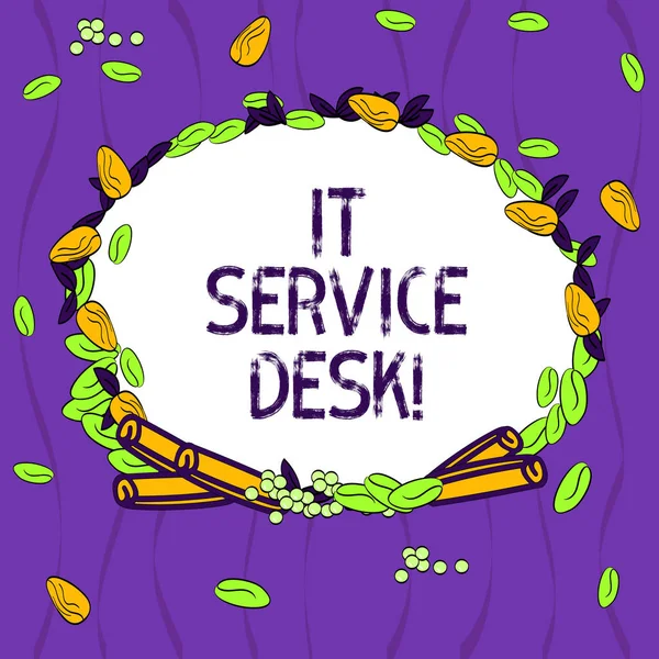 Conceptual hand writing showing It Service Desk. Business photo showcasing Technological support online assistance help center Wreath Made of Different Color Seeds Leaves and Cinnamon.