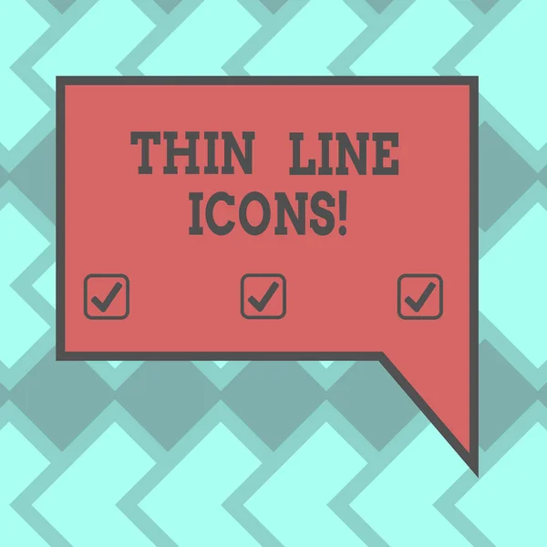 Text sign showing Thin Line Icons. Conceptual photo Symbols used in cellphones and other apps like buttons Blank Rectangular Color Speech Bubble with Border photo Right Hand. — Stock Photo, Image