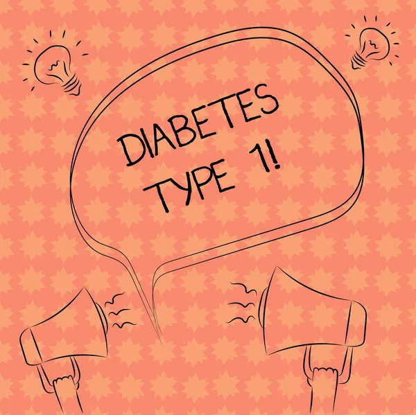 Writing note showing Diabetes Type 1. Business photo showcasing condition in which the pancreas produce little or no insulin Freehand Outline Sketch of Speech Bubble Megaphone Idea Icon.