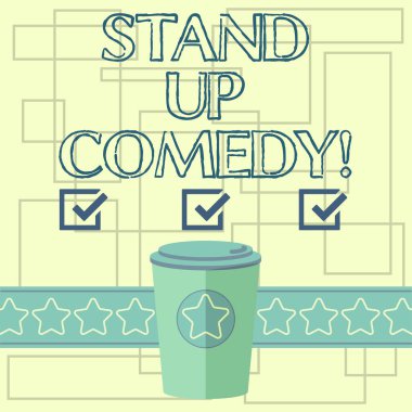 Komedi Stand Up gösterilen metin işareti. Kavramsal fotoğraf komedyen performans gösteren canlı seyirci önünde konuşan 3d için git kahve kapak kapak ve yıldız üstünde şerit boş metin yer ile.