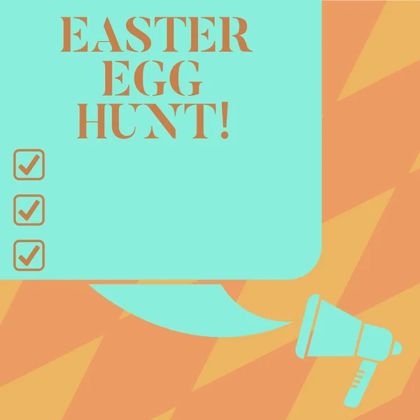 Znak tekstowy Wyświetlono Easter Egg Hunt. Traktuje specjalny sezon wyszukiwanie koncepcyjne zdjęcie przedstawia wiosna tradycji kolor sylwetka z pustym placu dymek i megafon zdjęcie. — Zdjęcie stockowe
