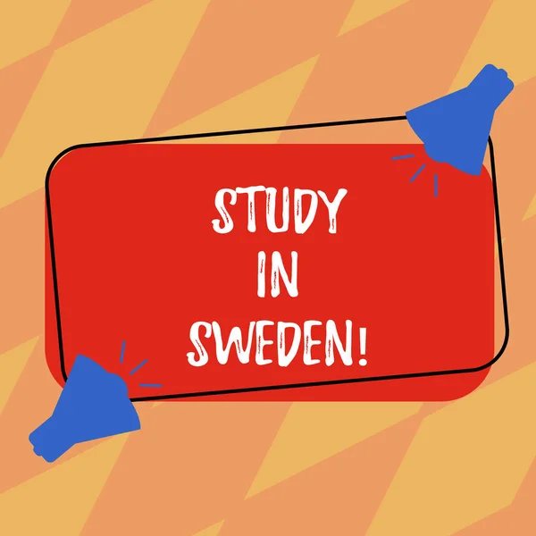 Text sign showing Study In Sweden. Conceptual photo Travel to European country for educational purposes Two Megaphone with Sound icon on Blank Color Outlined Rectangular Shape.