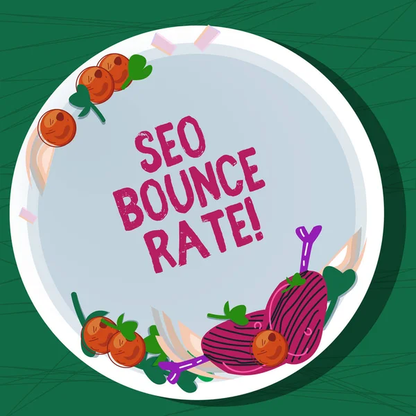 Skriveseddel som viser Seo Bounce-rate. Business photo showcasing Search engine optimalisering besøkende navigere bort fra nettstedet Hand Drawn Lamb Chops Herb Spice Cherry Tomater på Blank Color Plate . – stockfoto