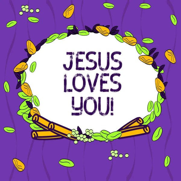 Conceptual hand writing showing Jesus Loves You. Business photo showcasing Believe in the Lord To have faith religious demonstrating Wreath Made of Different Color Seeds Leaves and Cinnamon