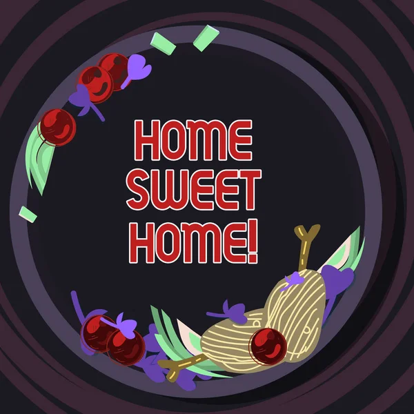 Conceptual hand writing showing Home Sweet Home. Business photo text In house finally Comfortable feeling Relaxed Family time Hand Drawn Lamb Chops Herb Spice Cherry Tomatoes on Plate. — Stock Photo, Image