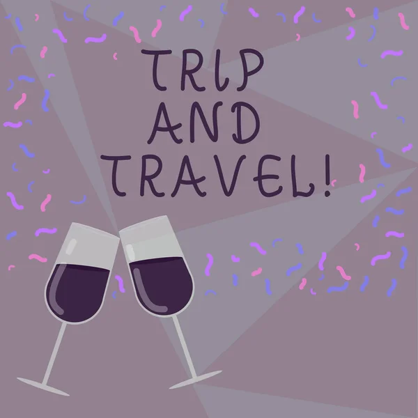 Text sign showing Trip And Travel. Conceptual photo Journeys for vacation cheerful happy knowing new places Filled Wine Glass Toasting for Celebration with Scattered Confetti photo. — Stock Photo, Image