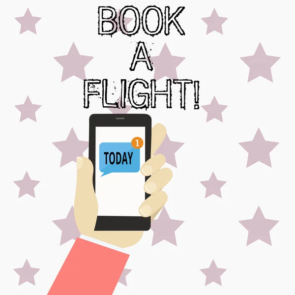 写文字写书飞行。购买机票, 让飞机旅行计划假期. — 图库照片