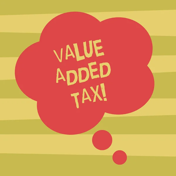 Text sign showing Value Added Tax. Conceptual photo Amount of money added to cover production and distribution Blank Color Floral Shape Thought Speech Bubble photo for Presentation Ads.