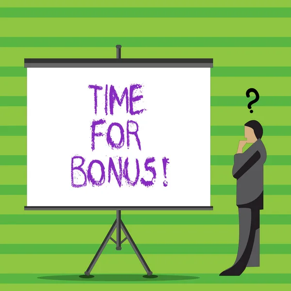Uwaga piśmie pokazuje czas dla bonusu. Biznesowe zdjęcie prezentujący sumę pieniędzy, dodane do wykazujące s jest płace w nagrodę. — Zdjęcie stockowe