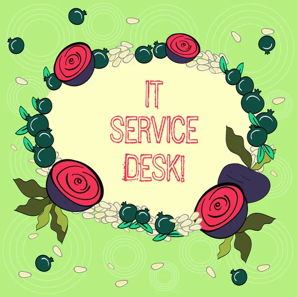 Sinal de texto mostrando It Service Desk. Foto conceitual Suporte tecnológico ajuda on-line centro Floral grinalda feita de sementes minúsculas Romã pequena brilhante e beterraba cortada . — Fotografia de Stock