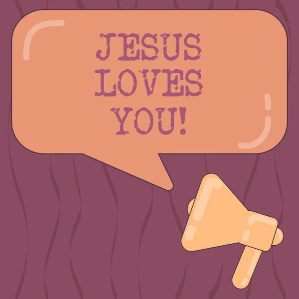 Ord skriva text Jesus älskar dig. Affärsidé för Believe i den Herren till har tro religiös demonstrerande Megaphone foto och Blank rektangulär färg pratbubblan med reflektion. — Stockfoto