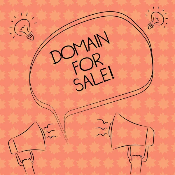 Writing note showing Domain For Sale. Business photo showcasing Website available to be purchased webpage not being used Freehand Outline Sketch of Speech Bubble Megaphone Idea Icon.