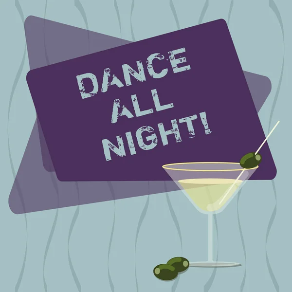 概念手工写作显示舞蹈通宵。商务照片文本派对一整天兴奋地享受迪斯科填充鸡尾酒酒杯与橄榄在环文本空间. — 图库照片