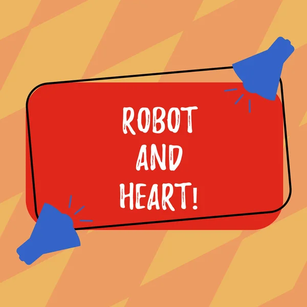 显示 "机器人与心脏" 的文本符号。概念相片敏感性和关心在机器技术后面两个扩音器与声音图标在空白颜色概述矩形形状. — 图库照片