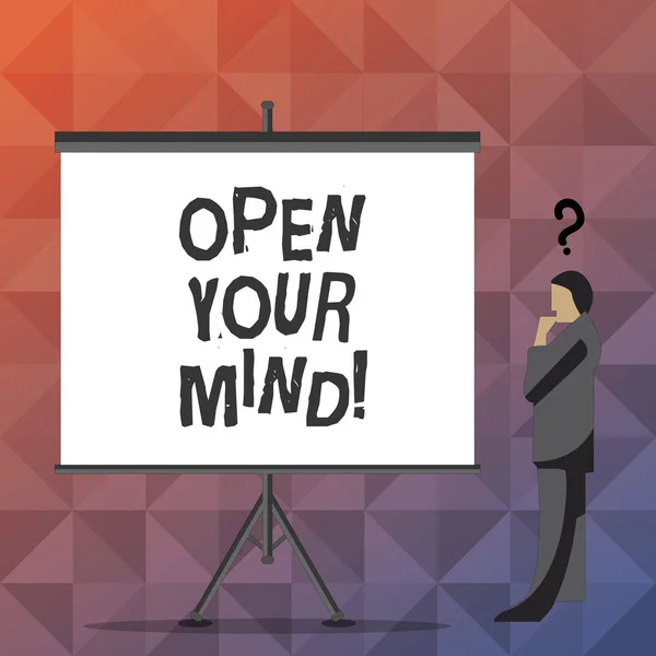 Texto a mano Abre tu mente. Concepto significado Ser de mente abierta Aceptar nuevas cosas diferentes situaciones de ideas . — Foto de Stock