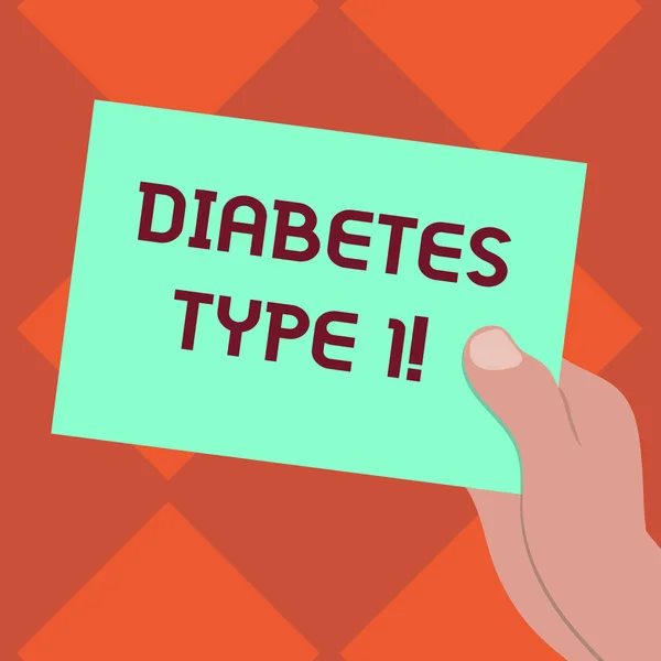 Handwriting text writing Diabetes Type 1. Concept meaning condition in which the pancreas produce little or no insulin Drawn Hu analysis Hand Holding Presenting Blank Color Paper Cardboard photo.