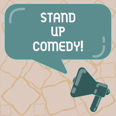 Kavramsal el komedi Stand Up gösterilen yazma. Komedyen seyirci megafon ve yansıması ile dikdörtgen renk konuşma balonu önünde performans gösteren konuşan iş fotoğraf metin.