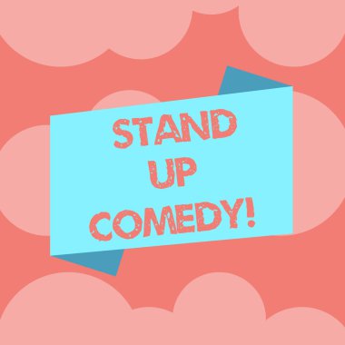 Komedi Stand Up gösterilen not yazma. Komedyen performans gösteren boş renk katlanmış afiş şerit düz stil duyuru Poster seyirci önünde konuşan vitrine iş fotoğraf.