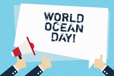 Kavramsal el dünya okyanus günü gösterilen yazma. İş fotoğraf metin tuzlu su büyük organları için dünya çapında kutlama.