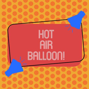 Sıcak hava balonu gösterilen not yazma. İş fotoğraf vitrine içine bir yolculuk var bir sepet uçuş roanalysistic gezisinde iki megafon ses simgesi ile renk dikdörtgen şeklinde özetlenen.