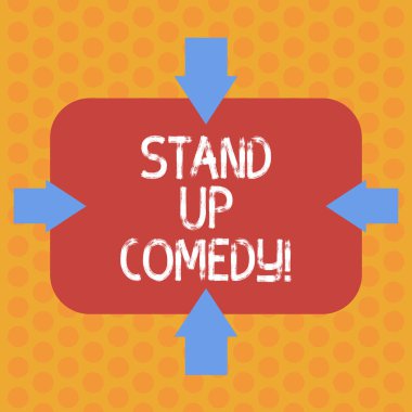 Komedi Stand Up gösterilen not yazma. İş fotoğraf vitrine komedyen performans gösteren oklar seyirci önünde dört taraf, boş dikdörtgen şekli işaret içe resmi için konuşma.
