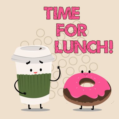 Öğle yemeği için zaman gösterilen not yazma. Vitrine bir yemek molası için an iş fotoğraf işten Relax yemek içki dinlenme.