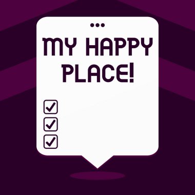 Benim mutlu bir yer gösterilen not yazma. Nerede mutlu rahat rahat alan vitrine iş fotoğraf ilham.