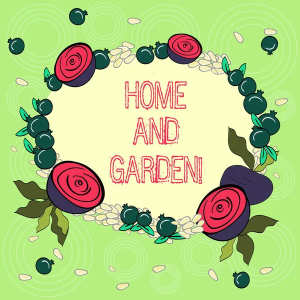 Κείμενο πινακίδα που δείχνει το σπίτι και κήπο. Εννοιολογική φωτογραφία, κηπουρική και στεγάζουν δραστηριότητες χόμπι γεωργία Floral στεφάνι φτιαγμένο από μικροσκοπικά μικρό ρόδι γυαλιστερό σπόρους και κόψτε τεύτλων. — Φωτογραφία Αρχείου