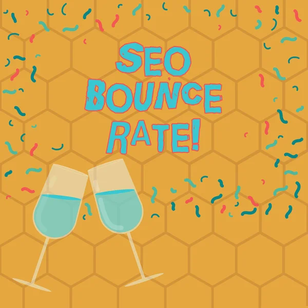 Signe texte montrant le taux de rebond Seo. Photo conceptuelle Les visiteurs de l'optimisation des moteurs de recherche naviguent hors du site Grillage en verre de vin rempli pour la célébration avec la photo Confetti dispersée . — Photo