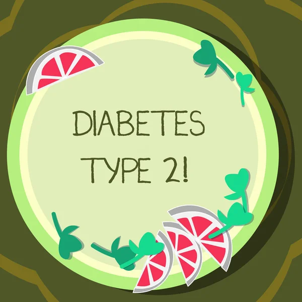 Konzeptionelle Handschrift mit Diabetes Typ 2. Geschäftsfoto zeigt Zustand, der Körper verwendet Insulin nicht richtig Ausschnitte aus geschnittenen Limettenkeilen und Kräuterblättern auf Farbteller. — Stockfoto