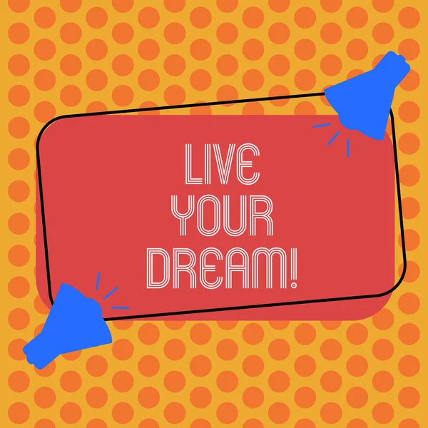 Writing Obs visar Live Your Dream. Företag foto skylta Motivation vara framgångsrika inspiration lycka nå mål två MegaFon med ljudikonen på färg beskrivs rektangulär form. — Stockfoto
