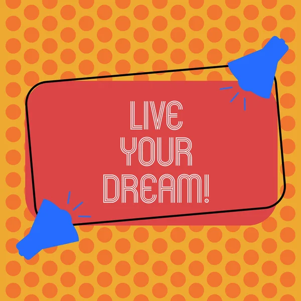 Writing note showing Live Your Dream. Business photo showcasing Motivation be successful inspiration happiness achieve goals Two Megaphone with Sound icon on Color Outlined Rectangular Shape.