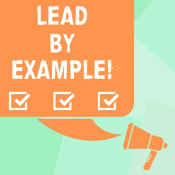 Conceptual hand writing showing Lead By Example. Business photo text Be a mentor leader follow the rules give examples Coach Color Silhouette of Blank Square Speech Bubble and Megaphone.