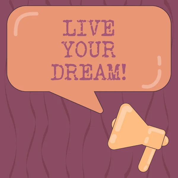 Szó szöveg írása Live az álmod. Üzleti koncepció, a motiváció lehet sikeres inspiráció boldogság elérése célok megafon fénykép és üres téglalap alakú színes beszéd buborék tükörképe. — Stock Fotó