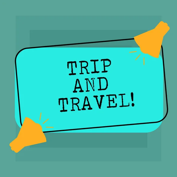 Conceptual hand writing showing Trip And Travel. Business photo text Journeys for vacation cheerful happy knowing new places Two Megaphone with Sound icon on Color Outlined Rectangular Shape. — Stock Photo, Image