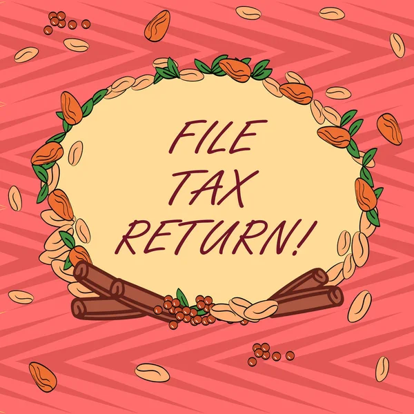 Word writing text File Tax Return. Business concept for Paperwork to get financial money returning accountant job Wreath Made of Different Color Seeds Leaves and Rolled Cinnamon photo.