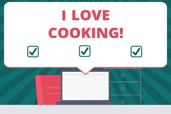 Escribir texto a mano Me encanta cocinar. Concepto significado Tener afecto por las artes culinarias preparar alimentos y postres . —  Fotos de Stock