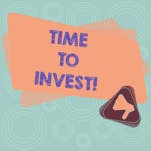 Text sign showing Time To Invest. Conceptual photo Creation of capital capable of producing other goods Megaphone Inside Triangle and Blank Color Rectangle for Announcement.