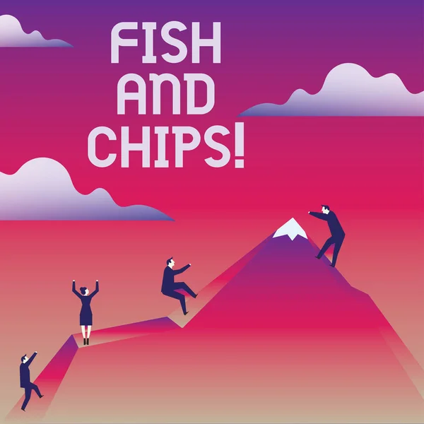 Scrivere un biglietto che mostri Fish And Chips. Foto aziendale in mostra Frutti di mare con patatine fritte tipica forma di cibo Regno Unito . — Foto Stock