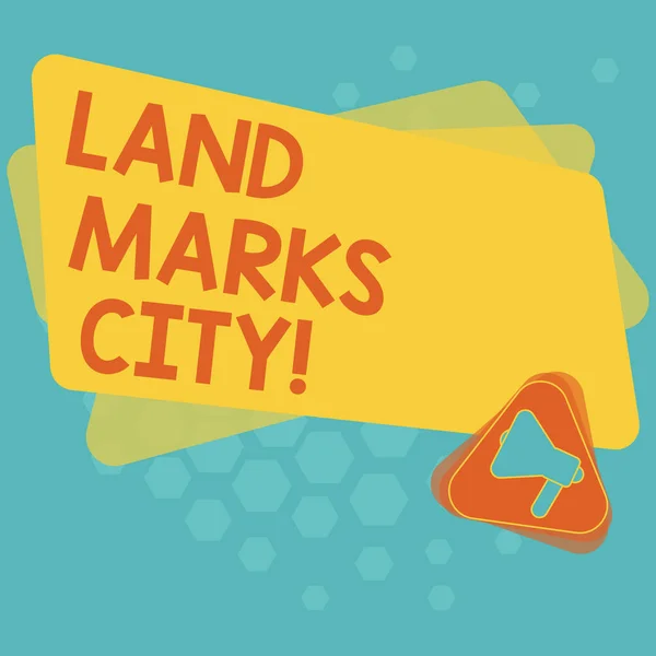 Texto de escritura de palabras Land Marks City. Concepto de negocio para lugares importantes de arquitectura en las ciudades para visitar Megáfono dentro del triángulo y rectángulo de color en blanco para el anuncio . —  Fotos de Stock