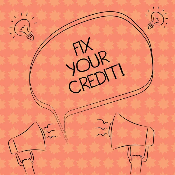 Escribir nota mostrando Fix Your Credit. Exposición de fotos de negocios Mantenga los saldos bajos en tarjetas de crédito y otros créditos Freehand Outline Sketch of Speech Bubble Megaphone Idea Icon . —  Fotos de Stock