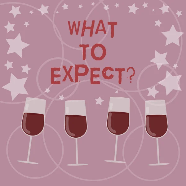 Word writing text What To Expect. Business concept for Confusion about the belief of what will happen in future Filled Cocktail Wine Glasses with Scattered Stars as Confetti Stemware. — Stock Photo, Image