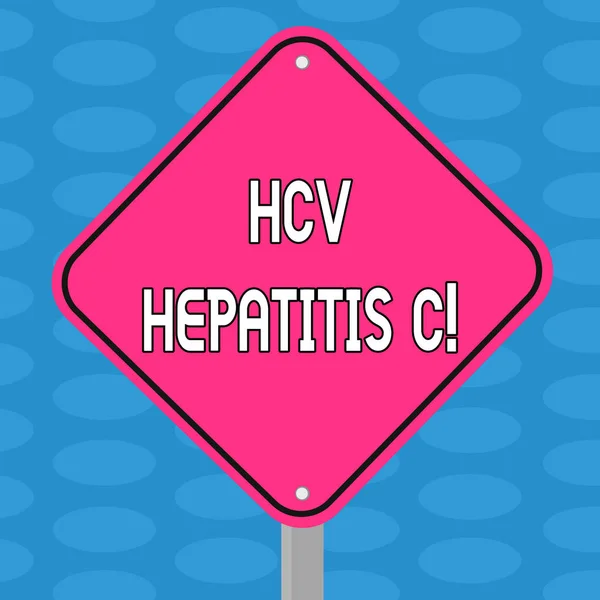 Word writing text hcv hepatitis c. business concept for leber disease caused by a virus schwere chronische erkrankung blank diamantform color road warning signale with one leg stand photo. — Stockfoto